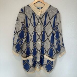 Les-Knit Ltd. Vintage 100% Wool Blue and Gray Women’s Cardigan Sweater